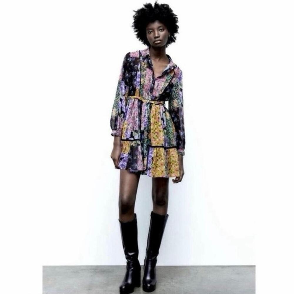 Zara Floral Patchwork Mini Dress XS Sheer Chiffon Tiered Belted Boho